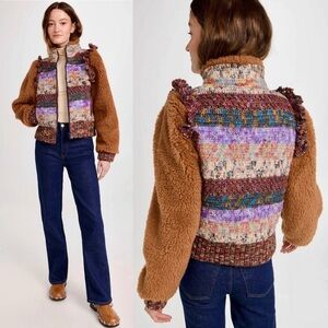Sea New York Felicity Crochet & Sherpa Sleeve Jacket Brown Multi XXS